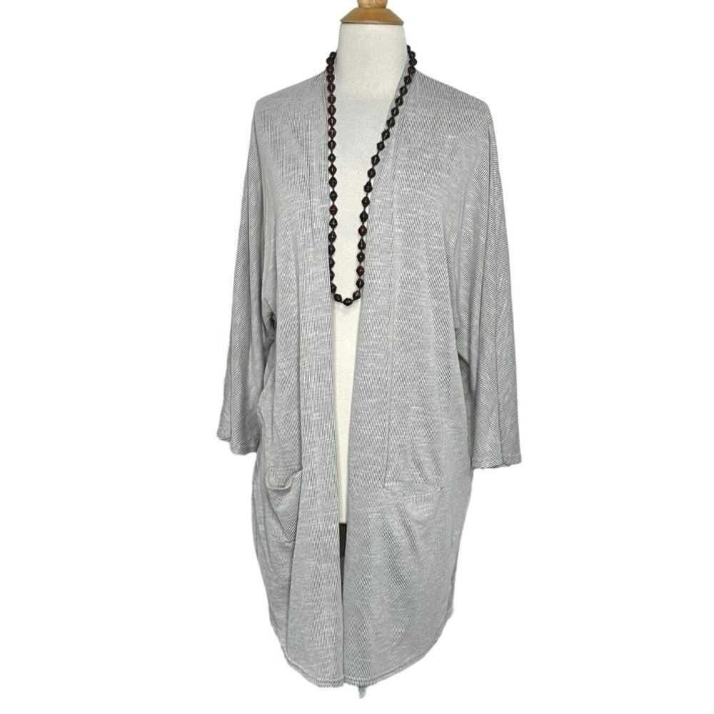 DONNI Sandwash Cardigan Sable Grey White Stripe OSFA Plus Open Front Pocket